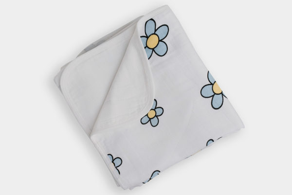 Sky Blue & Orange Flower Reversible Medium Baby Blanket 35 x 35 inch