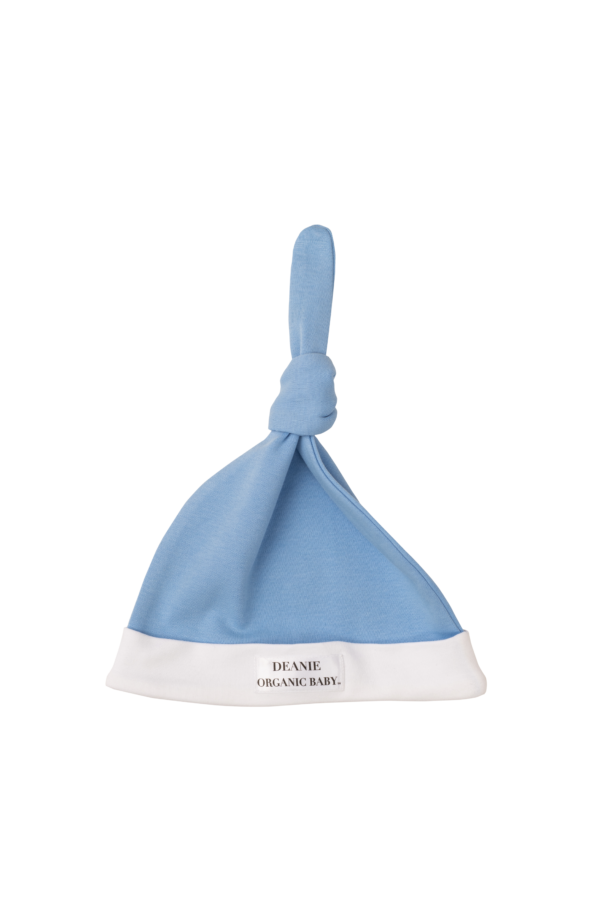 Light Blue Logo Deanie Organic Baby Hat